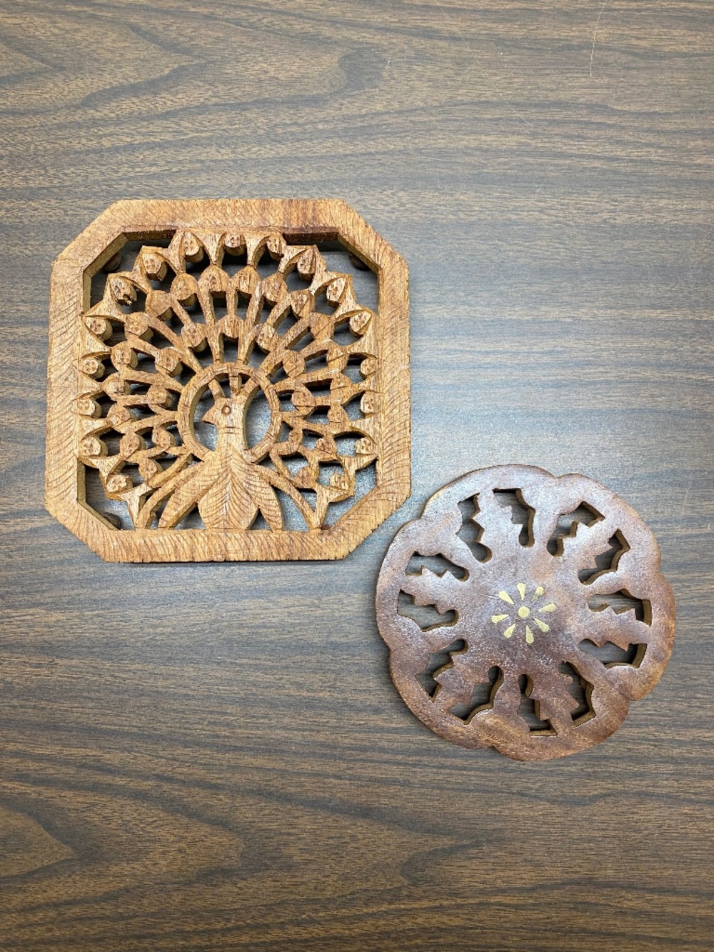 PAIR Vintage Carved Wooden Trivet Plant Stand Handmade India Peacock 1970s MCM